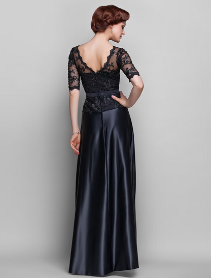 A-Line Mother of the Bride Dress  V Neck Floor Length Satin Lace Half Sleeve with Lace Bow(s) Beading