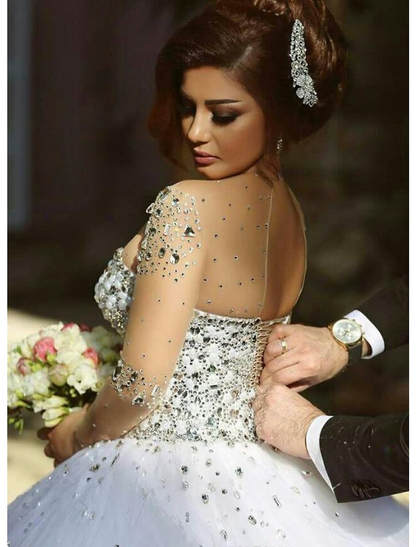 Engagement Formal Wedding Dresses Court Ball Gown Long Sleeve Jewel Neck Satin With Crystals Beading