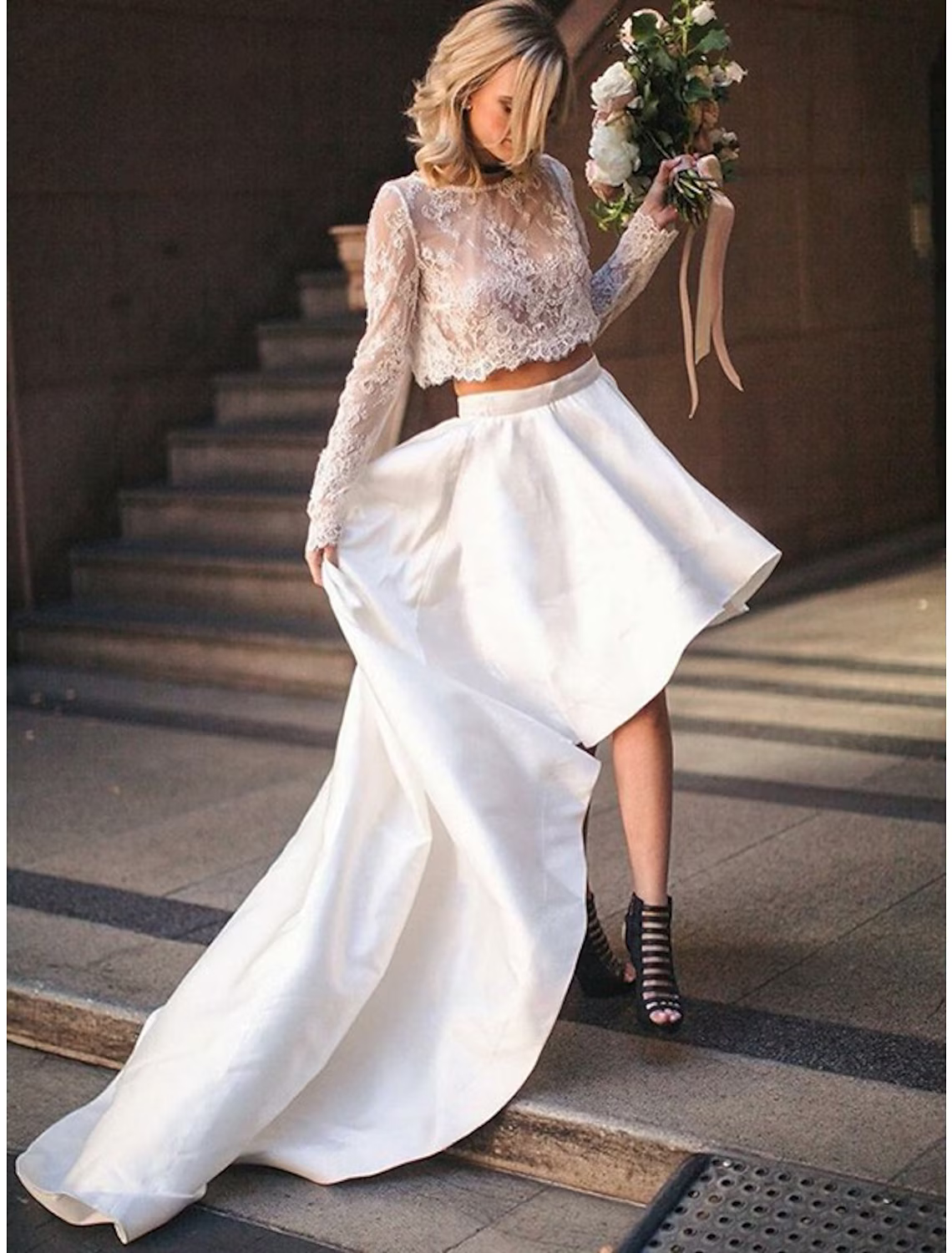 Bridal Shower Little White Dresses Wedding Dresses Asymmetrical Two Piece Long Sleeve Satin With Pleats Appliques