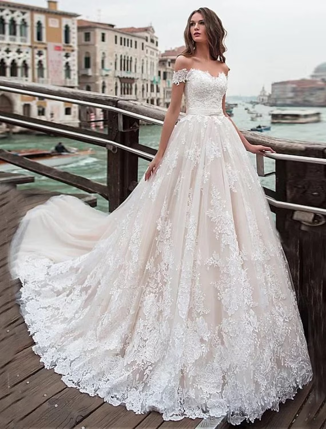 Engagement Formal Wedding Dresses Chapel Train Ball Gown Short Sleeve Off Shoulder Lace With Appliques