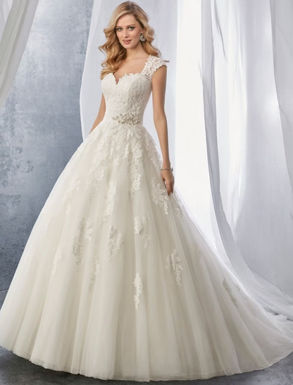 Engagement Formal Wedding Dresses Chapel Train Ball Gown Regular Straps Sweetheart Lace With Appliques