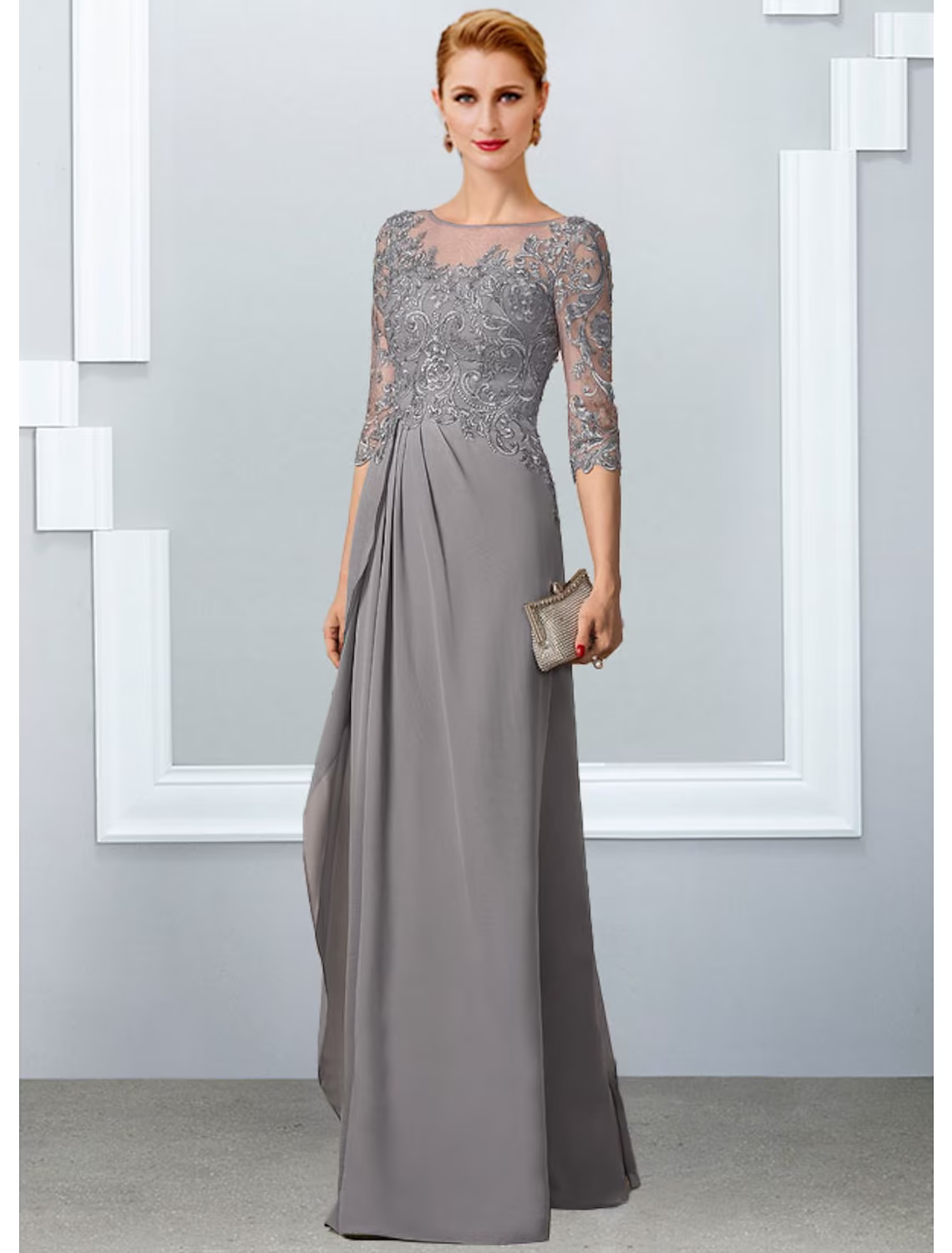 A-Line Mother of the Bride Dress Elegant Floor Length Chiffon Lace Half Sleeve with Appliques