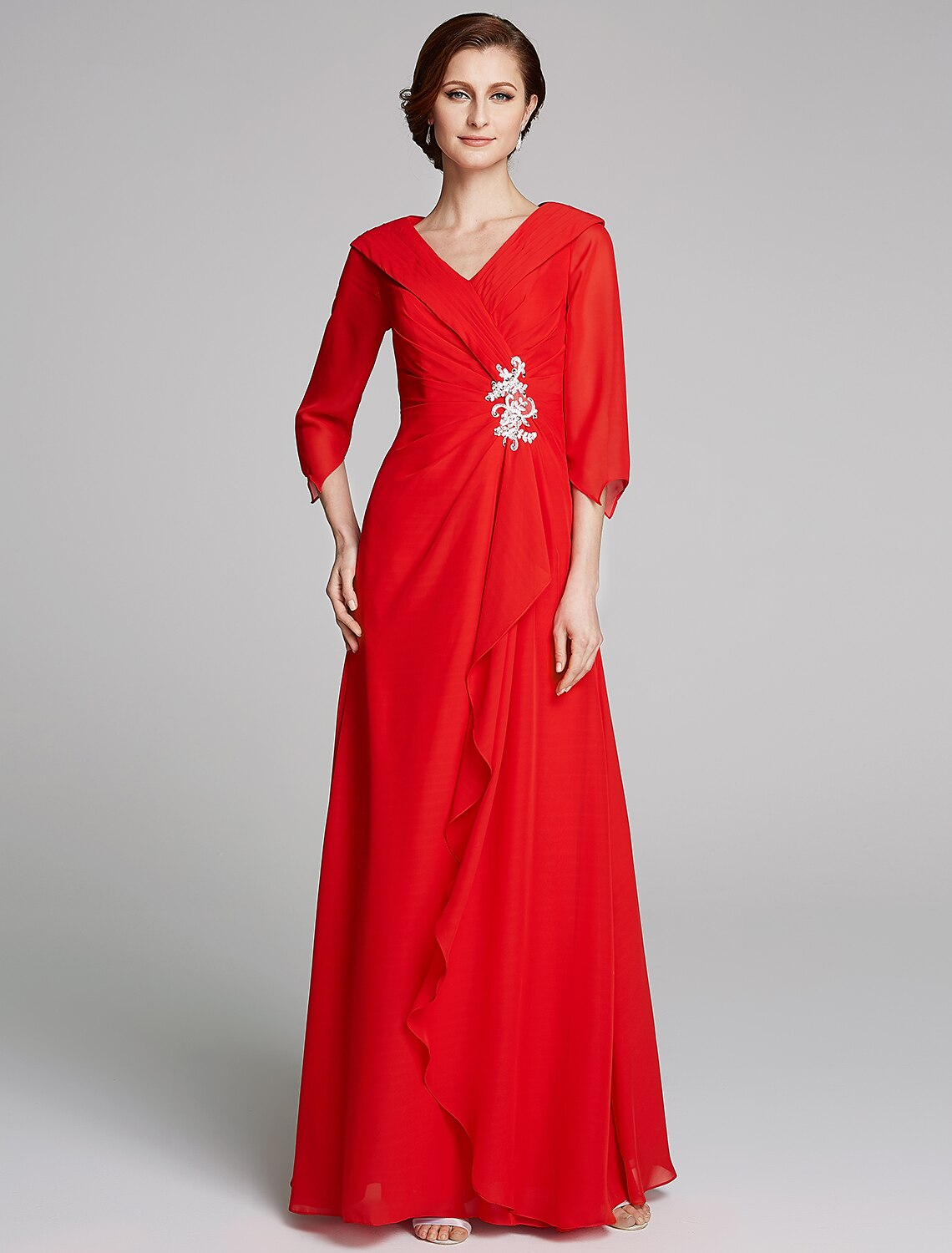 A-Line Mother of the Bride Dress Elegant V Neck Floor Length Chiffon Half Sleeve with Pleats Appliques