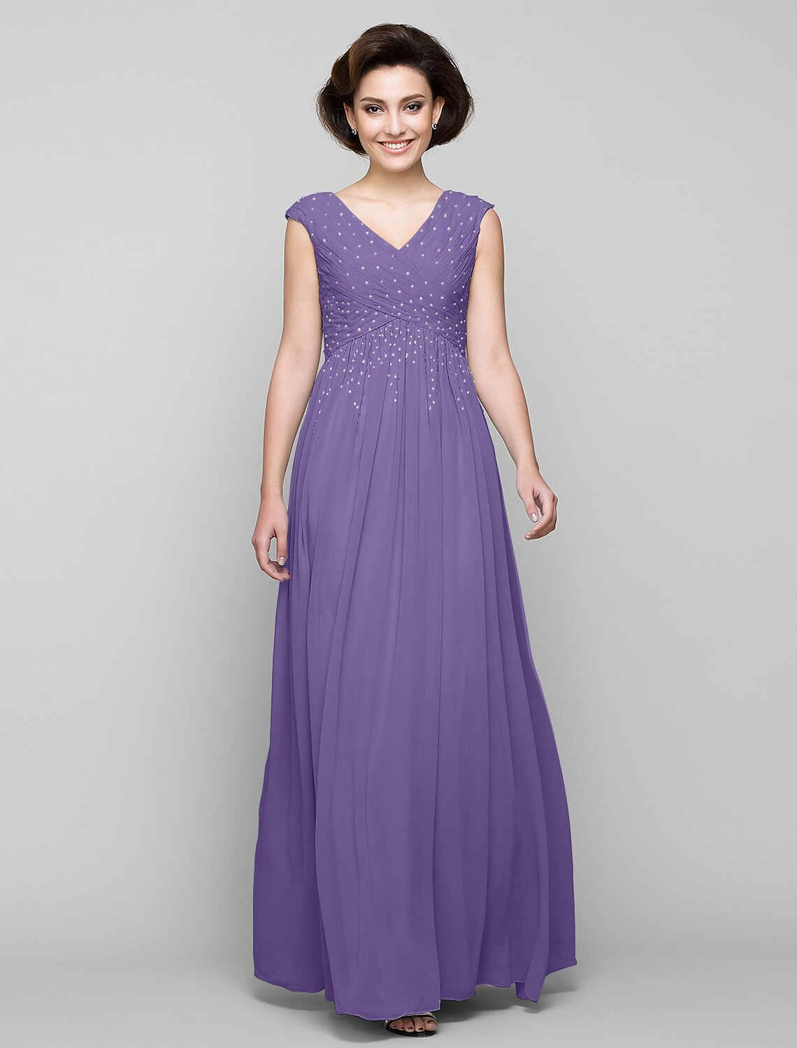 A-Line Mother of the Bride Dress Elegant V Neck Floor Length Chiffon Sleeveless with Cross Beading