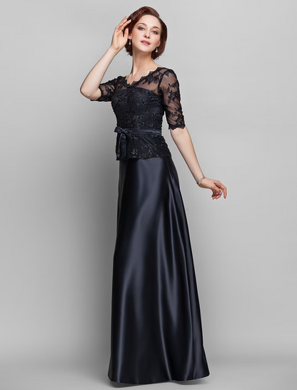 A-Line Mother of the Bride Dress  V Neck Floor Length Satin Lace Half Sleeve with Lace Bow(s) Beading