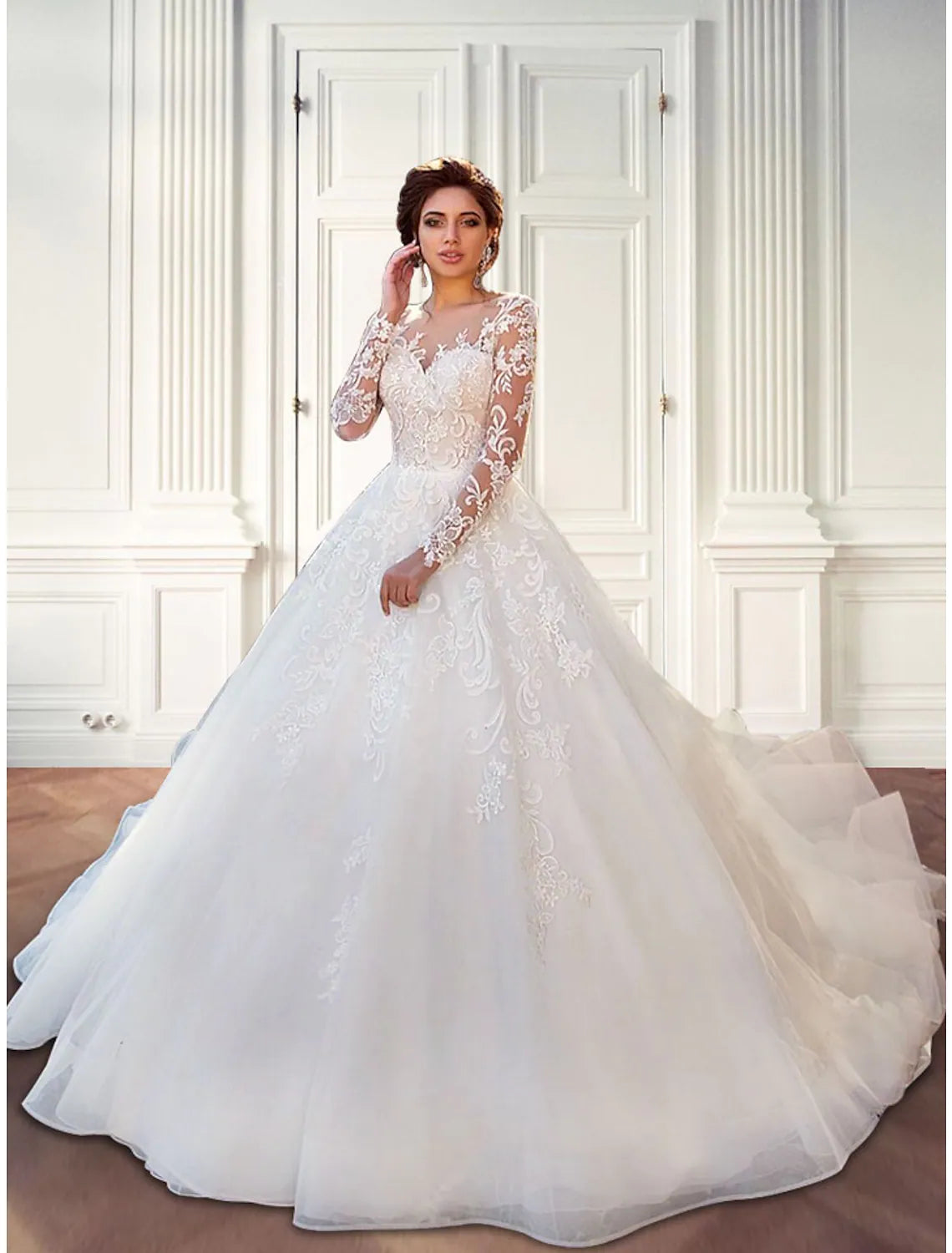 Engagement Formal Wedding Dresses Ball Gown Long Sleeve Lace Appliques ...