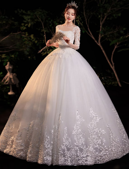 Engagement Formal Wedding Dresses Floor Length Princess Half Sleeve Lace With Appliques