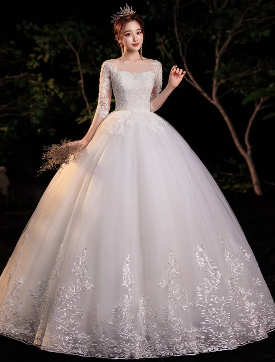 Engagement Formal Wedding Dresses Floor Length Princess Half Sleeve Jewel Neck Lace With Appliques