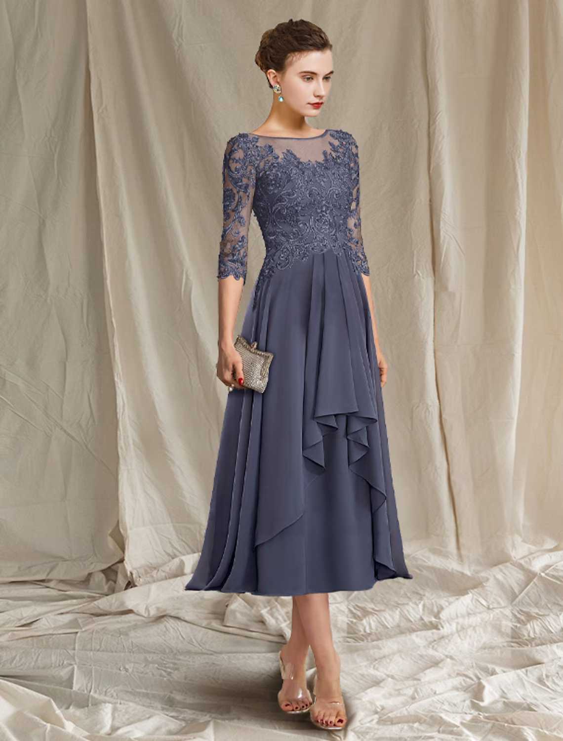 A-Line Mother of the Bride Dress Elegant Floor Length Chiffon Lace Half Sleeve with Pleats