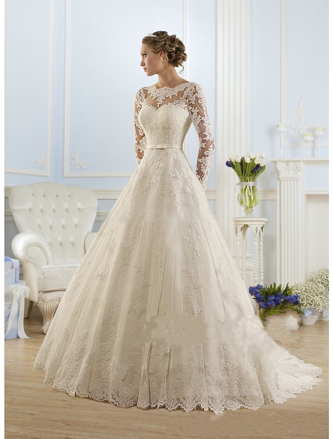 Engagement Formal Wedding Dresses Court Train A-Line Long Sleeve Jewel Neck Lace With Appliques