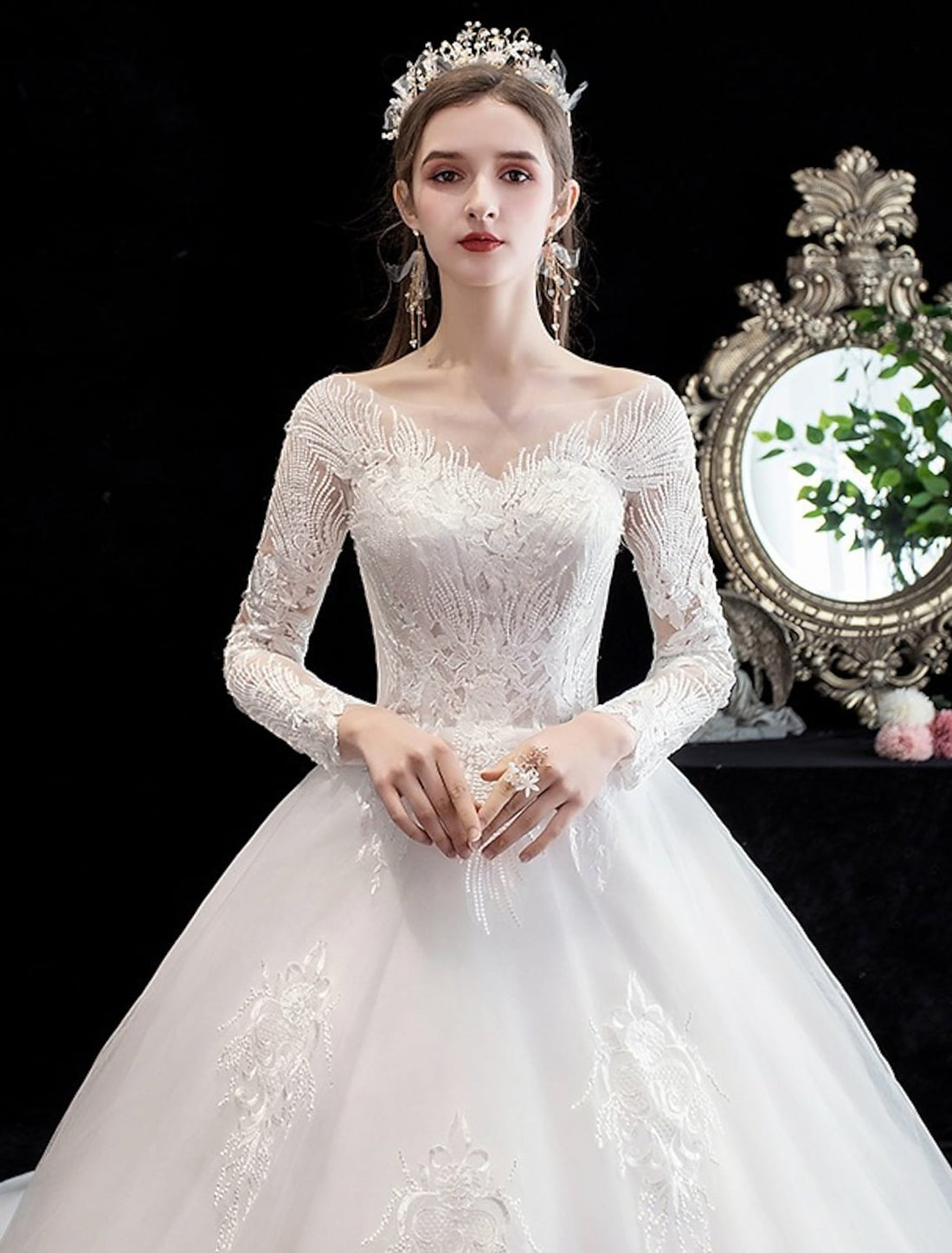 Engagement Formal Wedding Dresses Long Sleeve Off Shoulder Lace Beadin ...