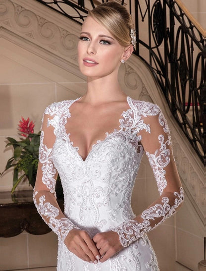 Engagement Formal Wedding Dresses Chapel  Long Sleeve V Neck Lace Beading