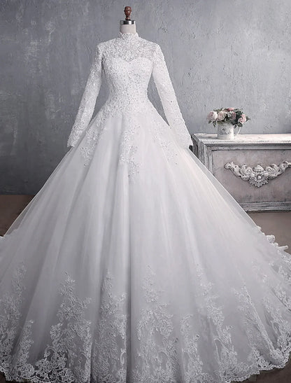 Engagement Formal Wedding Dresses Princess Long Sleeve High Neck Lace Appliques