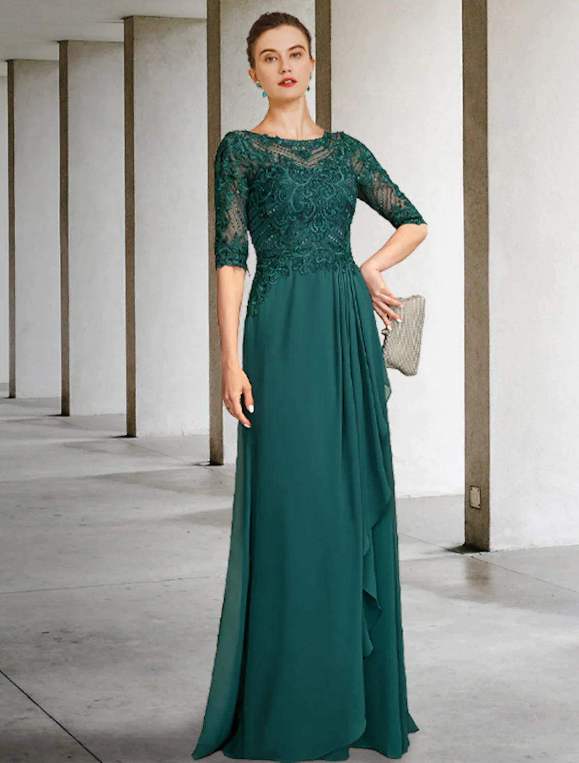 A-Line Mother of the Bride Dress Elegant Asymmetrical Chiffon Lace Sleeve Ruching