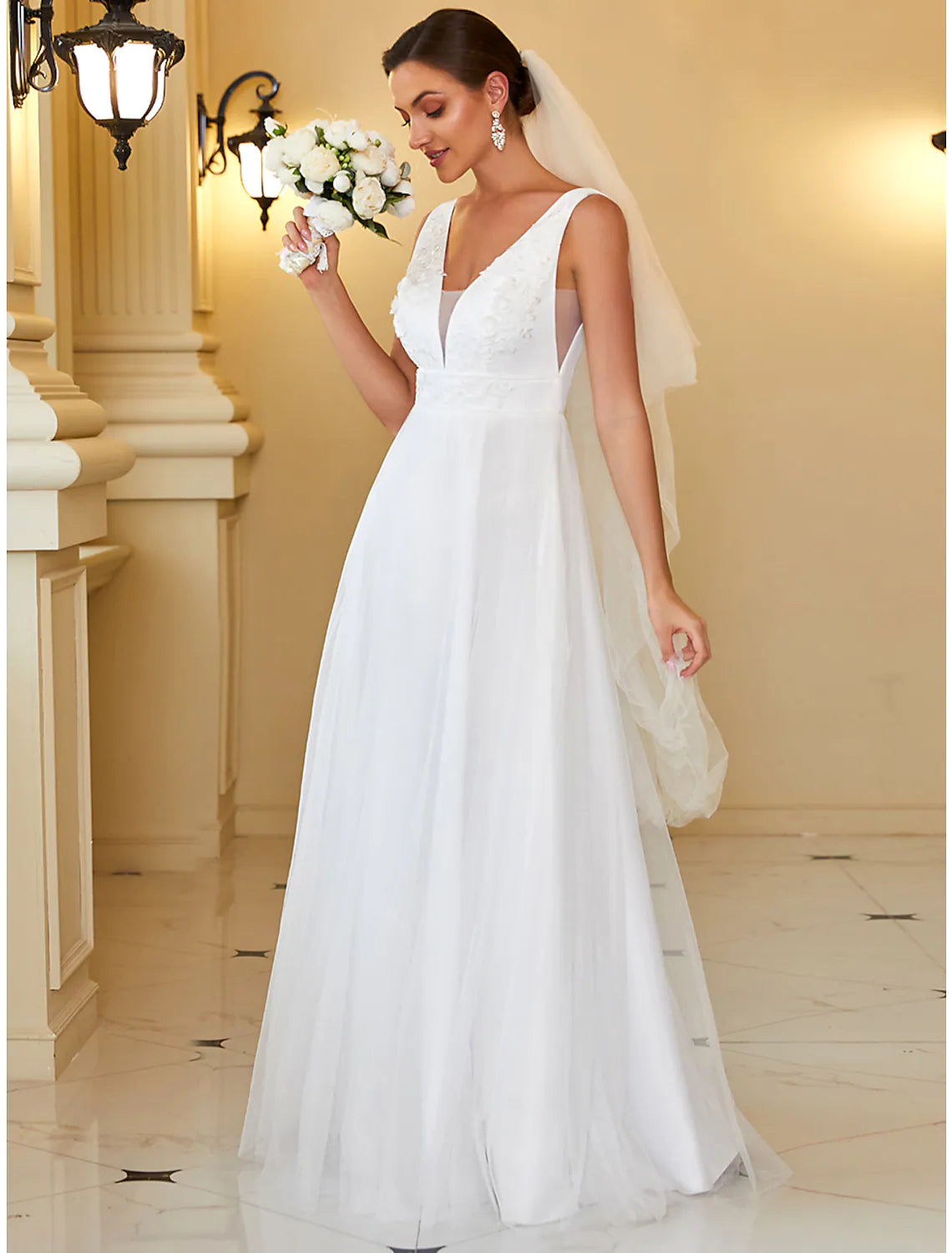 Casual Wedding Dresses Floor Length A-Line Sleeveless Tulle Pleats