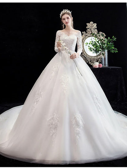 Engagement Formal Wedding Dresses Long Sleeve Off Shoulder Lace Beadin ...