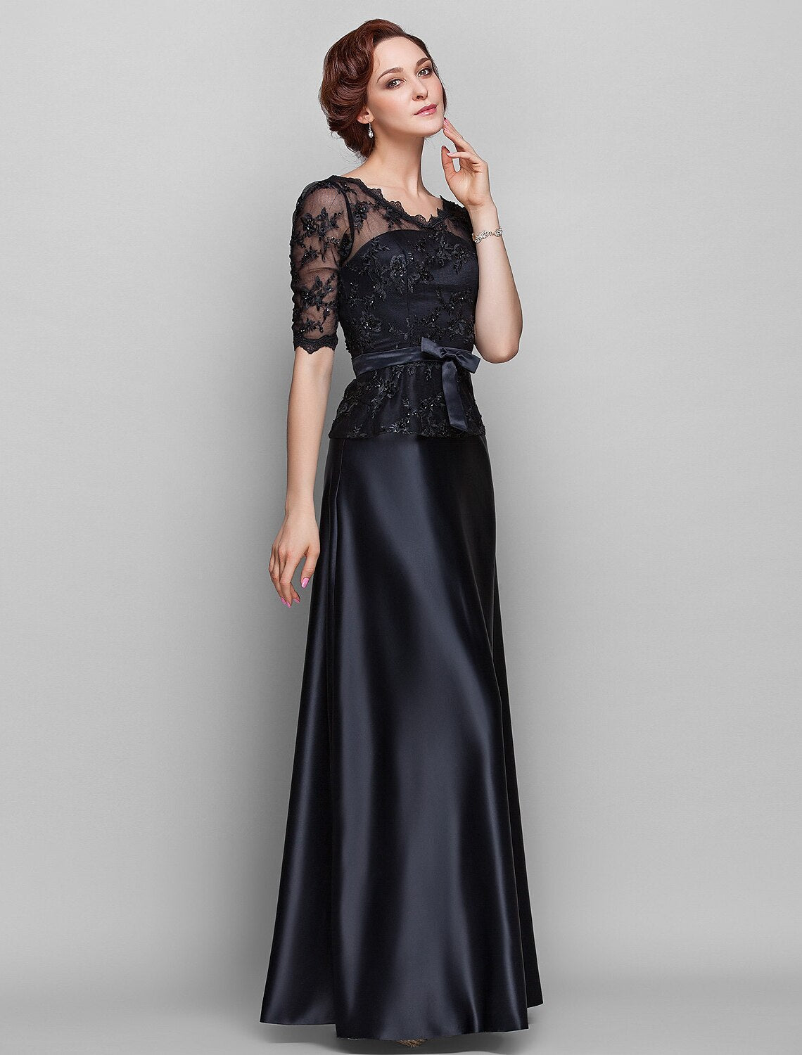 A-Line Mother of the Bride Dress  V Neck Floor Length Satin Lace Half Sleeve with Lace Bow(s) Beading