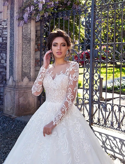 Engagement Formal Wedding Dresses Ball Gown Long Sleeve Lace Appliques ...